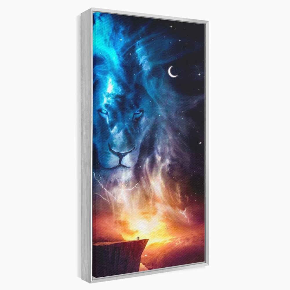 Tablou canvas cu tablou canvas cu leu in univers, in rama de aluminiu argintiu